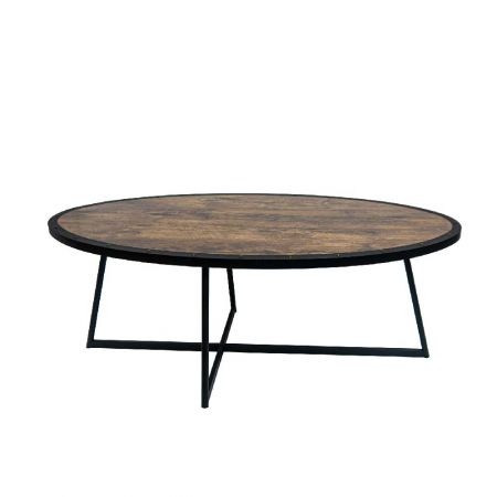 Ovale salontafel van 120*60 cm. Gemaakt van MPF, met donkerbruin houtnerffineer in Natural Mongo, met zwarte, slijtvaste randen aan de randen. De zwarte kant van het ovale paneel is versierd met ankers.